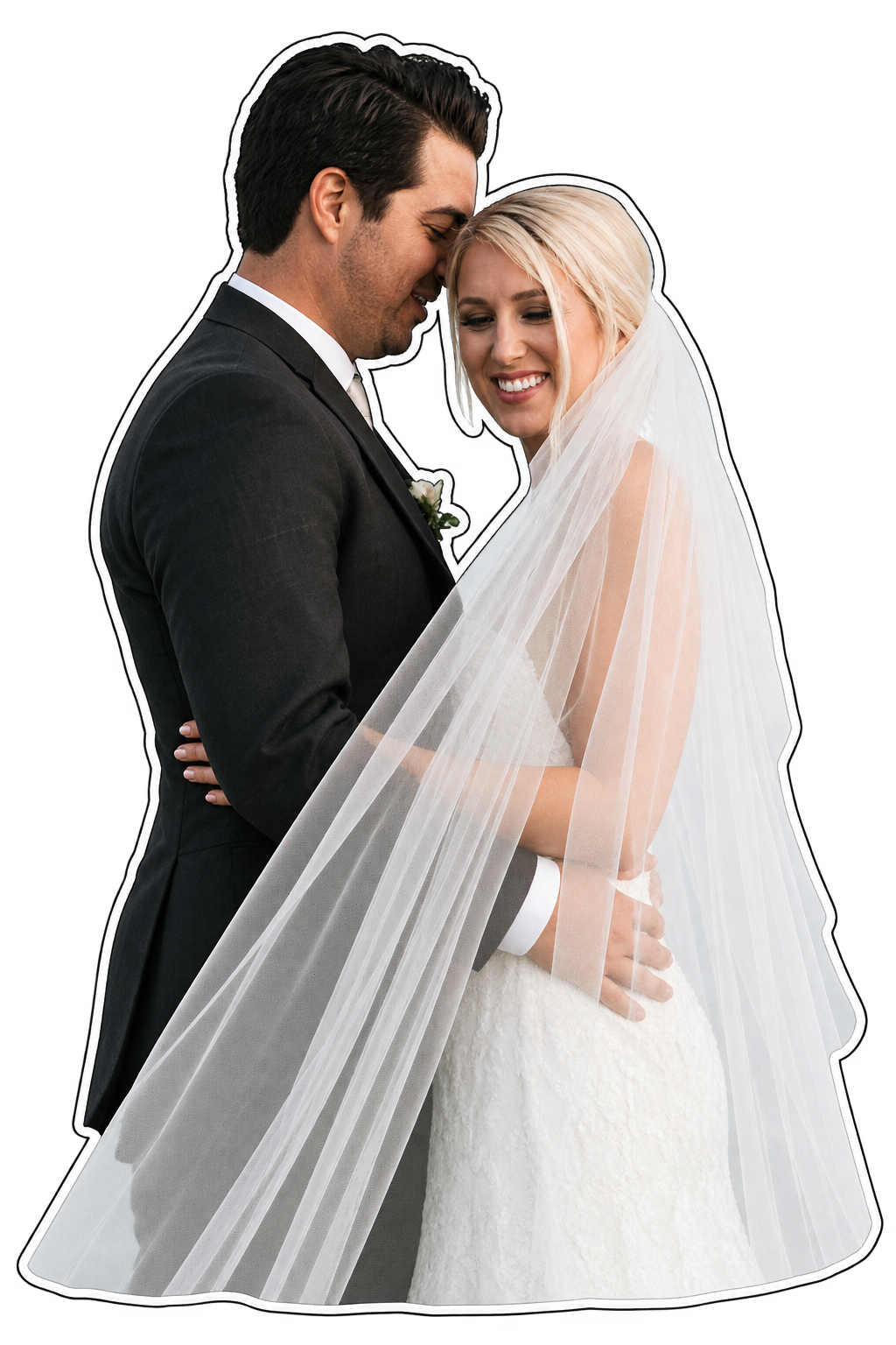 Sample bride and groom as a photographic cutout with white and ink outlines